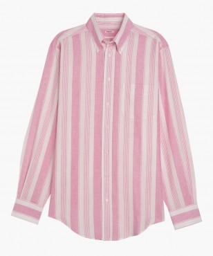 Chemise col boutonné en coton et lin à rayures roses berteil