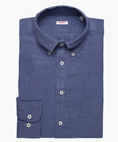 Chemise col boutonné en lin bleue délavé berteil