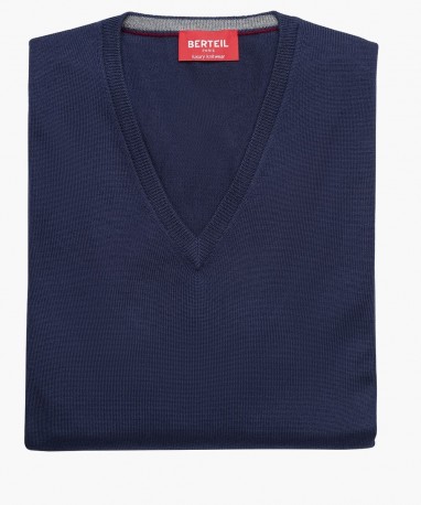 Pull col V en laine merinos bleu royal berteil