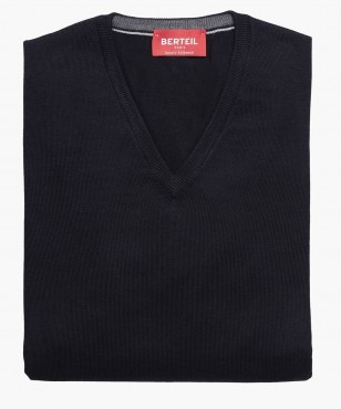 Pull col V en laine merinos bleu marine berteil