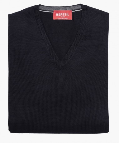 Pull col V en laine merinos bleu marine berteil