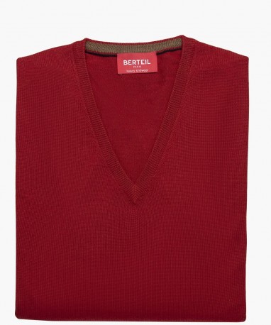Pull col V en laine merinos brique berteil