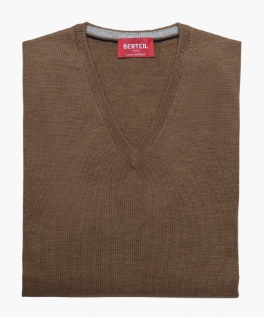 Pull col V en laine merinos beige berteil