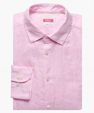 Chemise ajustée petit col en lin unie rose