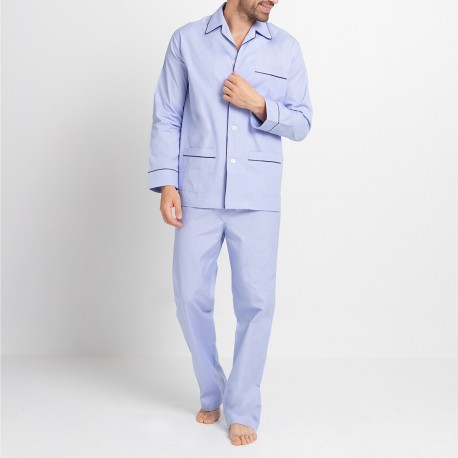 Pyjama en popeline bleu à bordures bleues